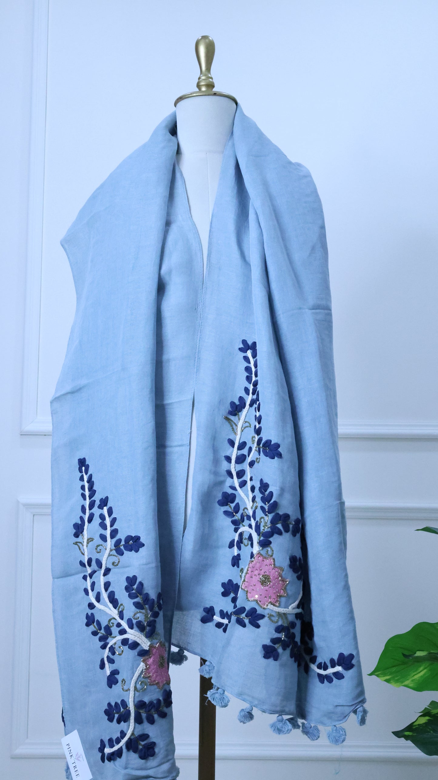 Blue Linen Stole with Embroidery