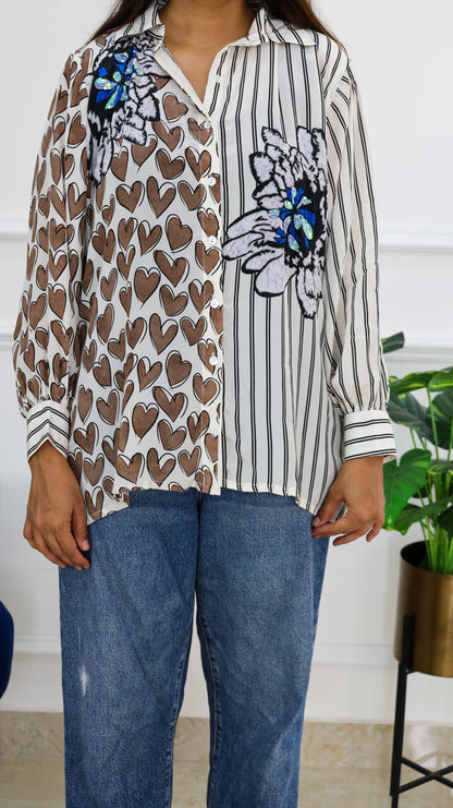Stripe Heart Crepe Shirt