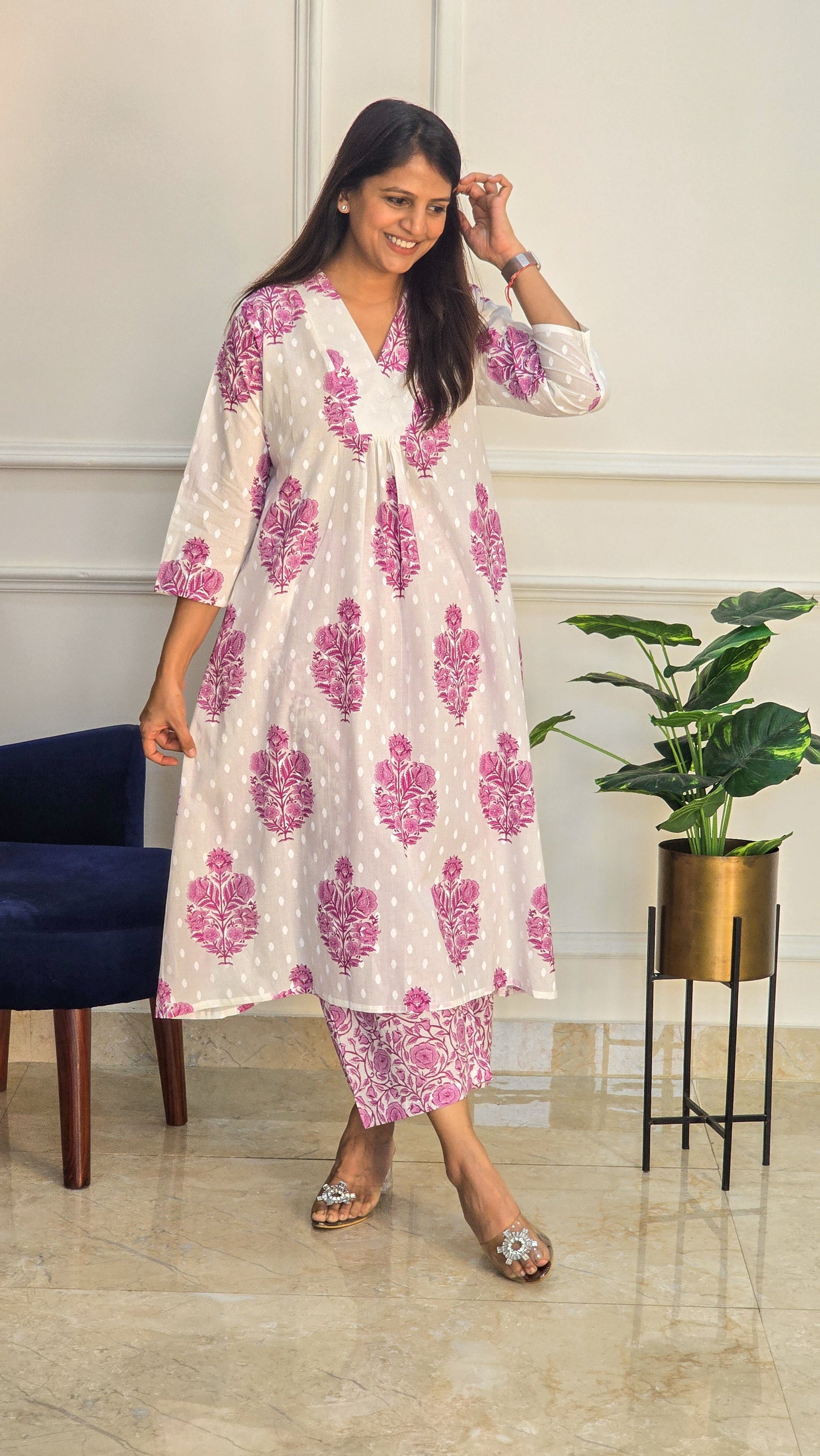 Pink and White Flare kurta Set