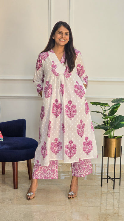 Pink and White Flare kurta Set