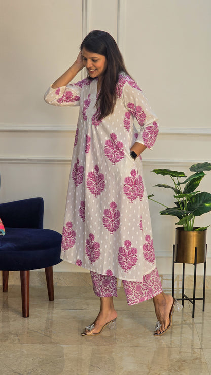 Pink and White Flare kurta Set
