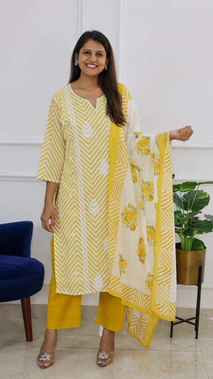 Yellow Embroidered Leheriya Kurta Set with Block Doriya Dupatta