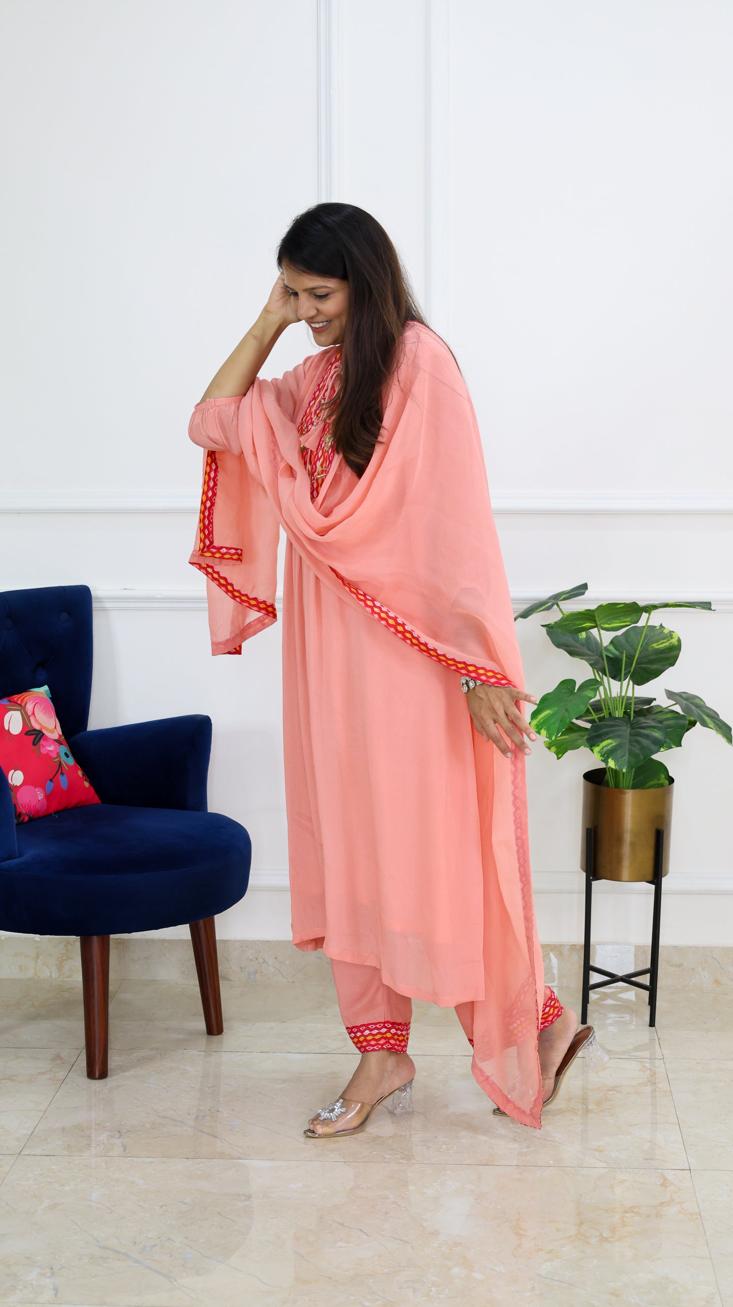 Peach Chinnon Suit Set