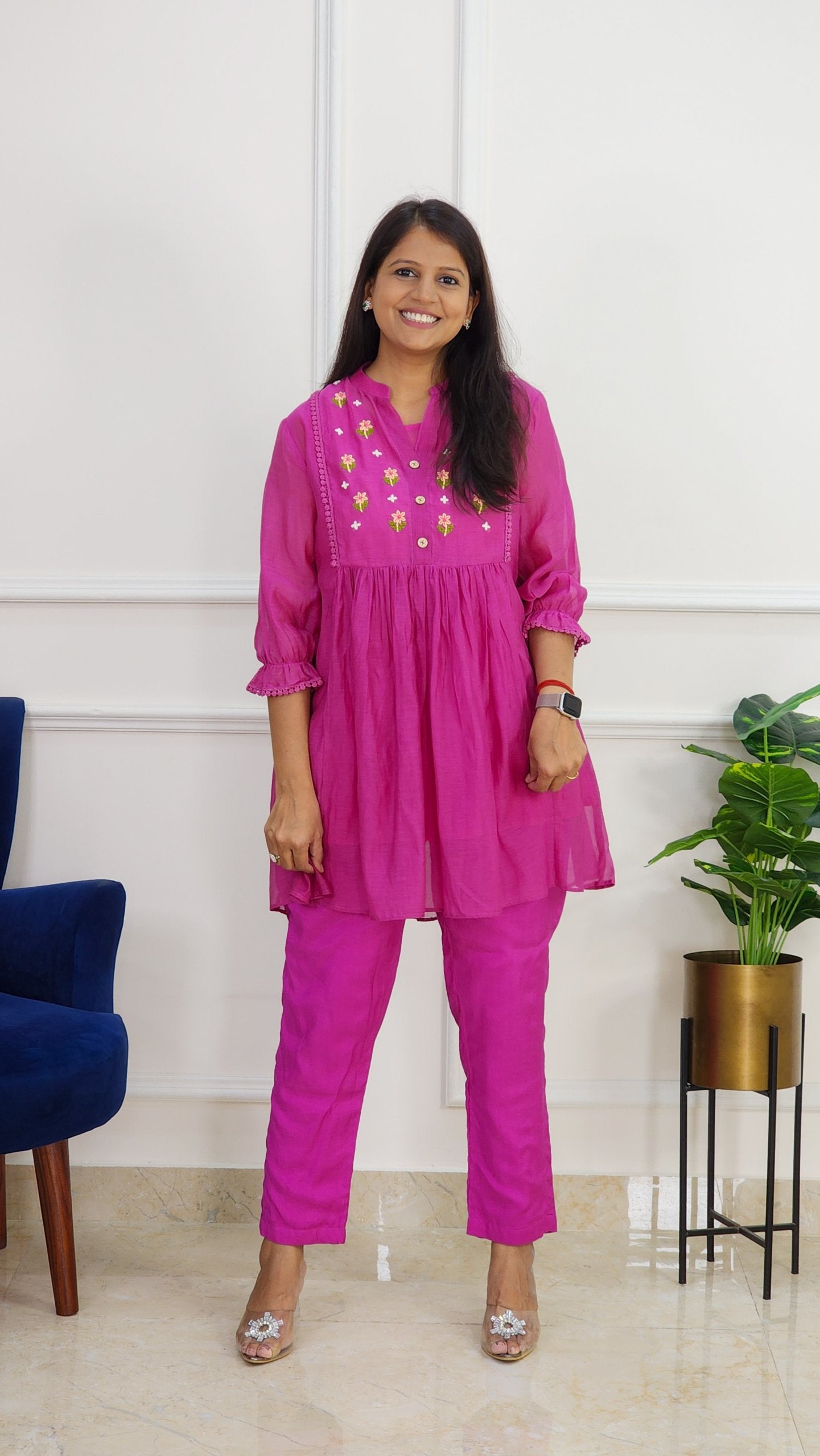 Magenta Mul Chanderi Embroidered Co Ord Set