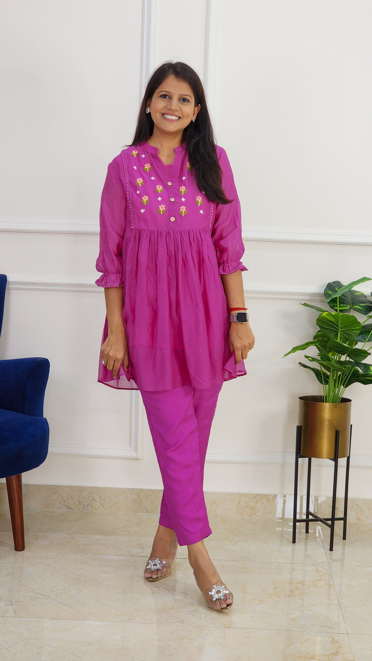 Magenta Mul Chanderi Embroidered Co Ord Set