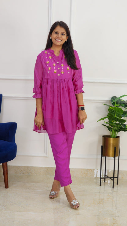 Magenta Mul Chanderi Embroidered Co Ord Set