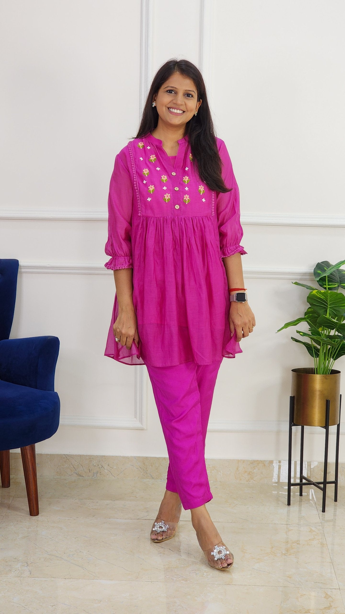 Magenta Mul Chanderi Embroidered Co Ord Set