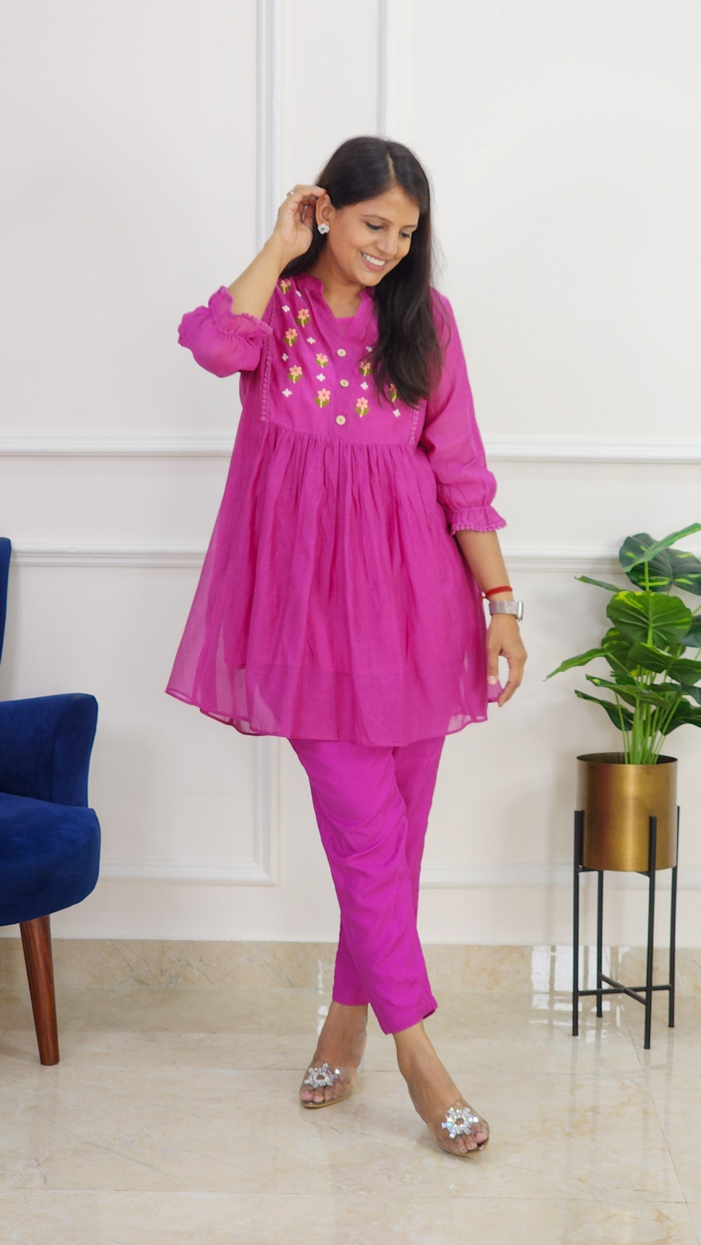 Magenta Mul Chanderi Embroidered Co Ord Set