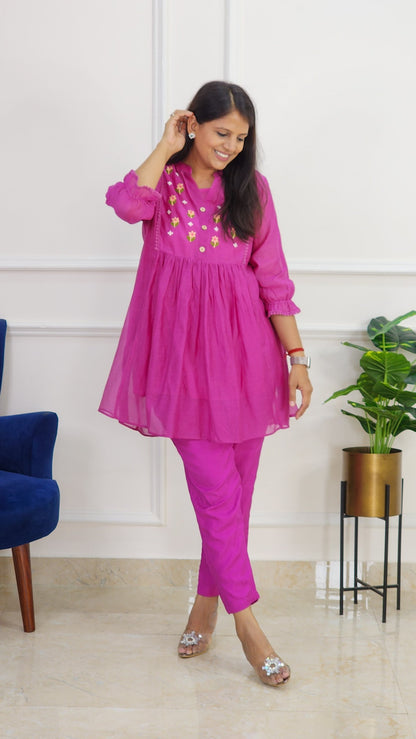 Magenta Mul Chanderi Embroidered Co Ord Set