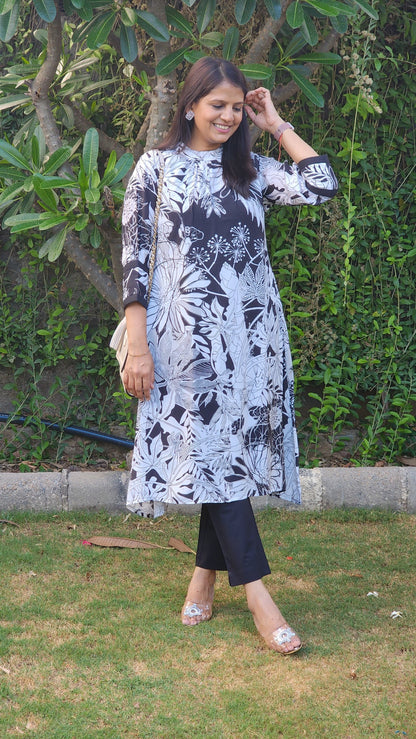Black and White Printed Tunic and Pants Set