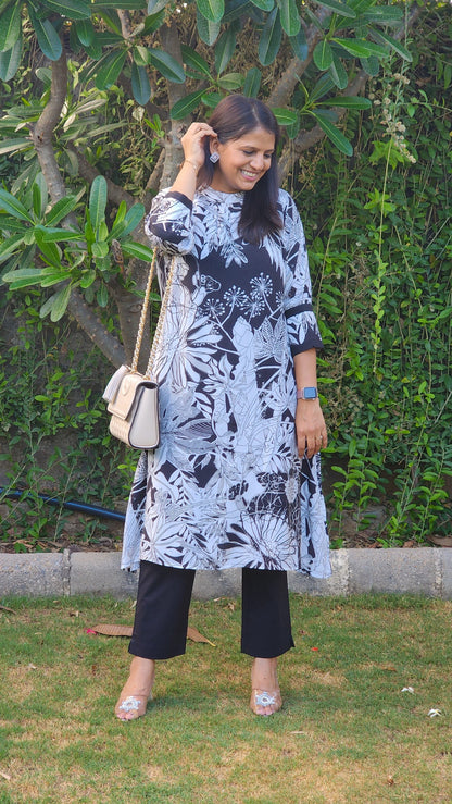 Black and White Printed Tunic and Pants Set