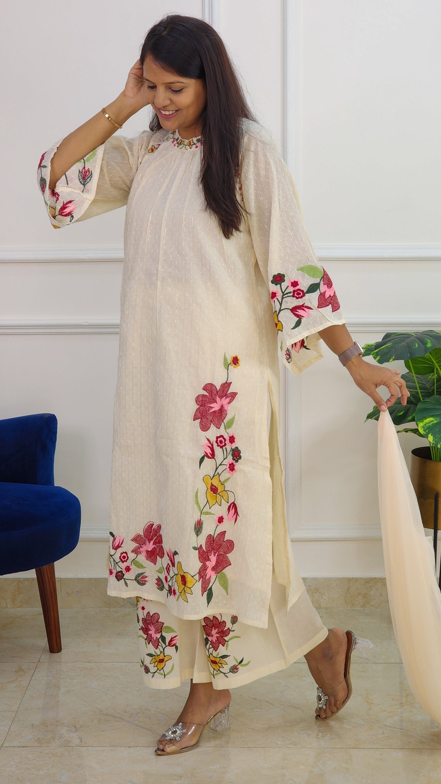 Off White Embroidered Suit Set