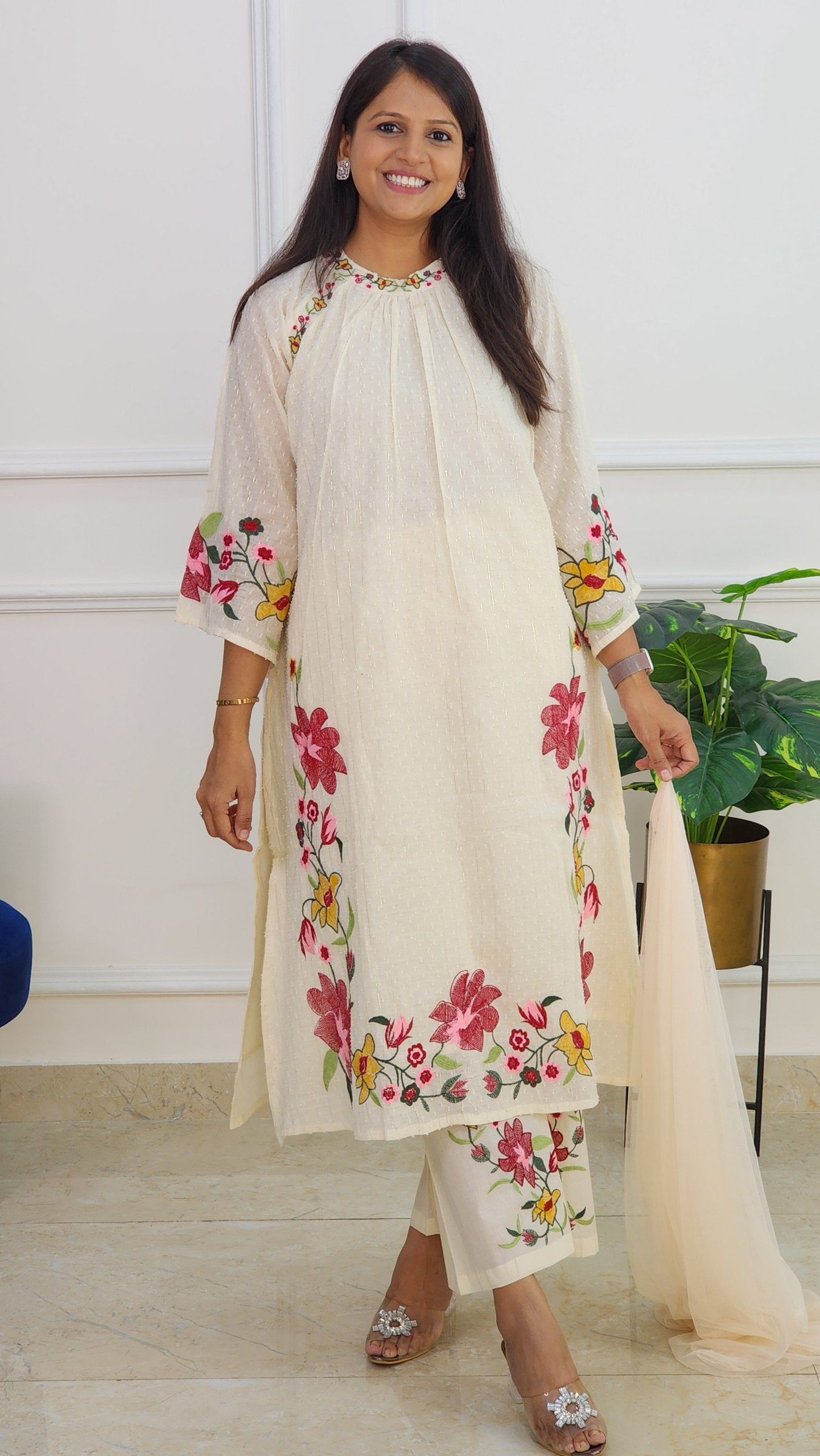 Off White Embroidered Suit Set