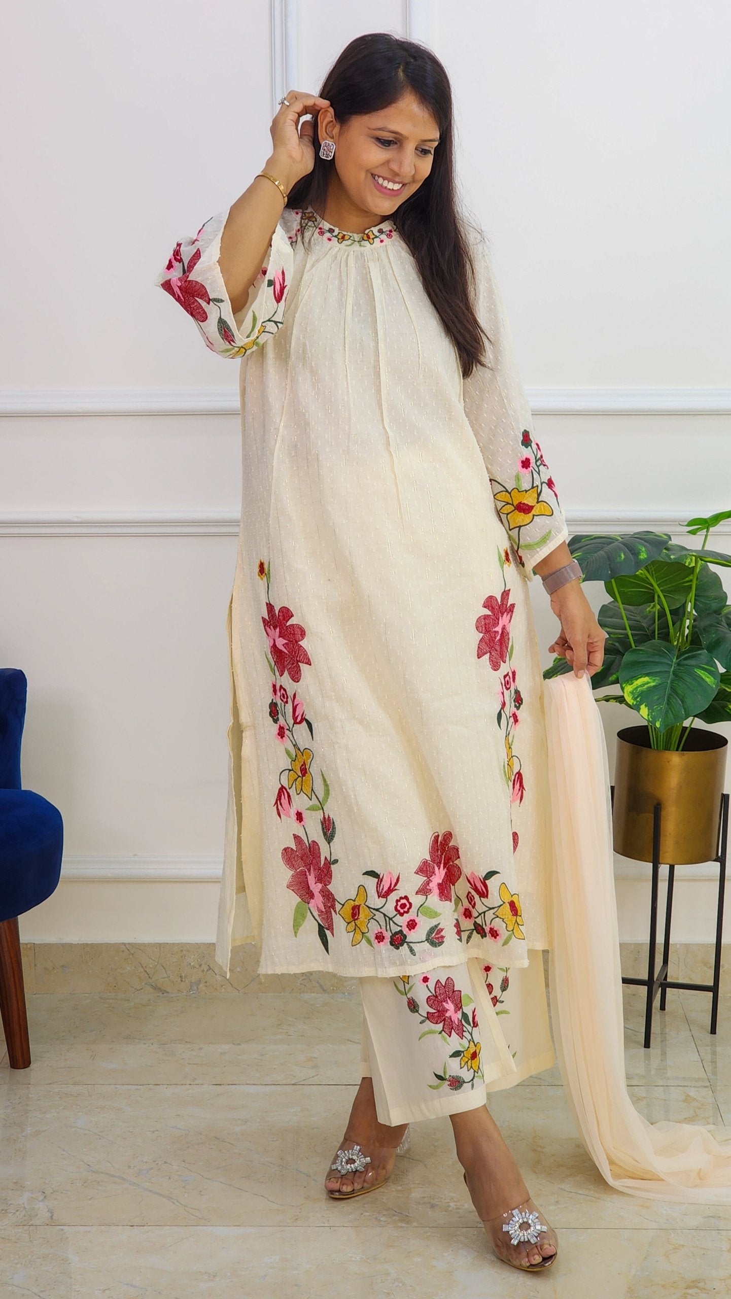 Off White Embroidered Suit Set