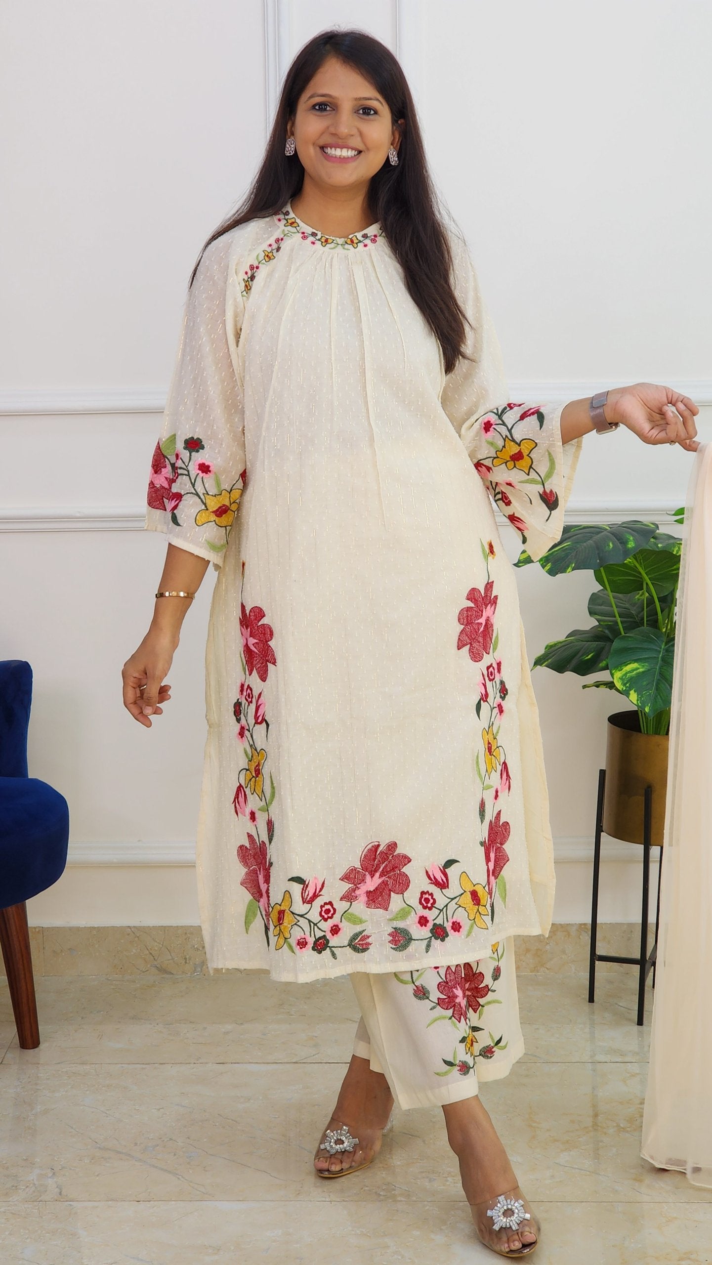 Off White Embroidered Suit Set