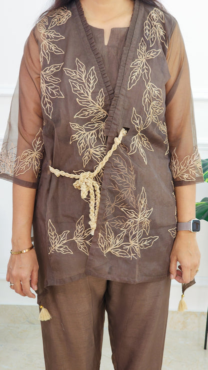 Brown Organza Jacket Set with Rope Detailing