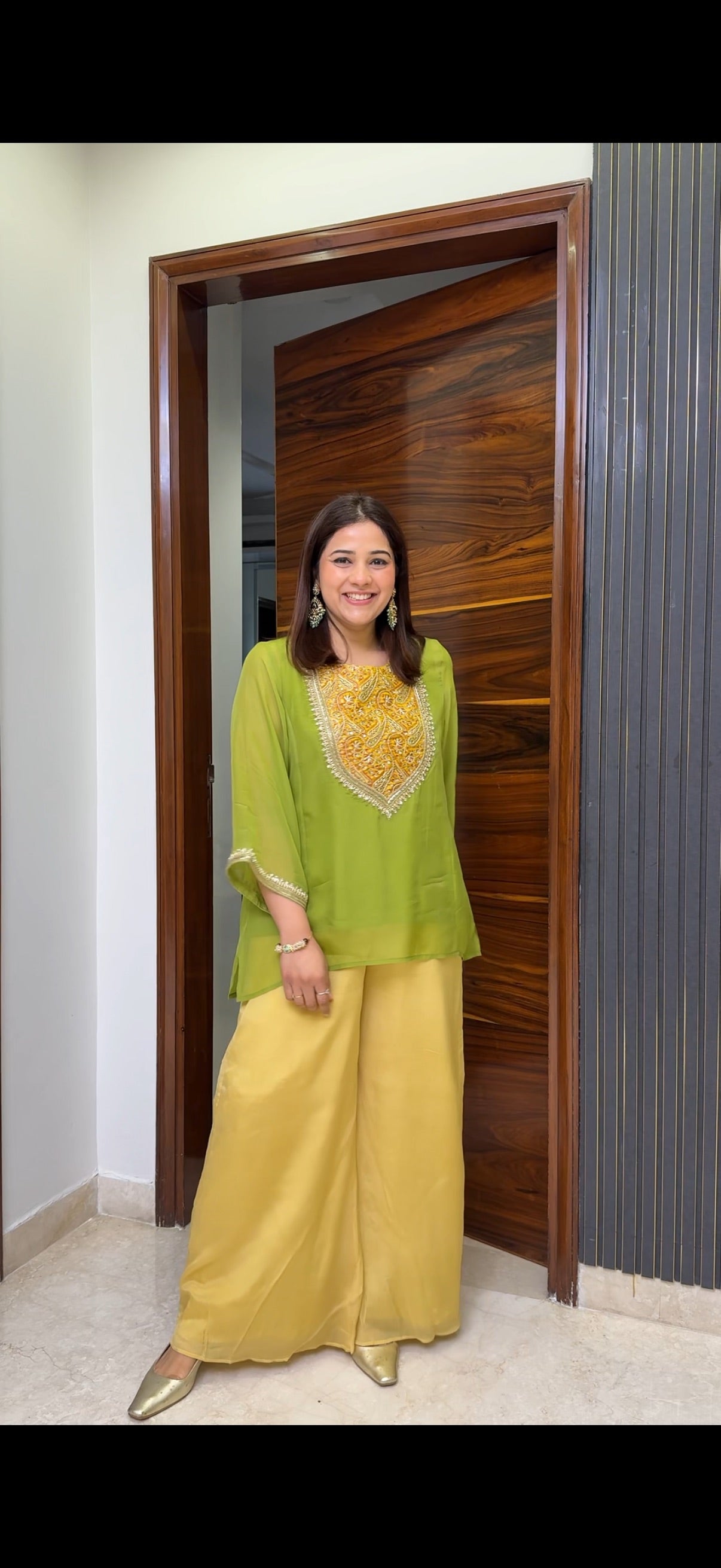 Banarasi Detail Short Kurta and Plazzo Set - View 2 - PinkTree by Shrutika