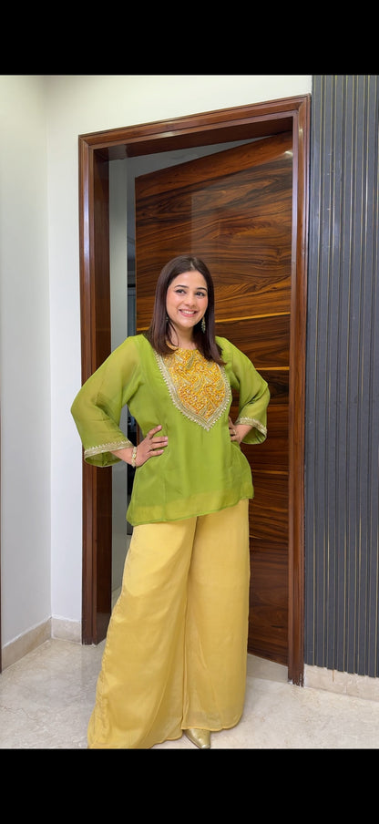 Banarasi Detail Short Kurta and Plazzo Set - View 3 - PinkTree by Shrutika
