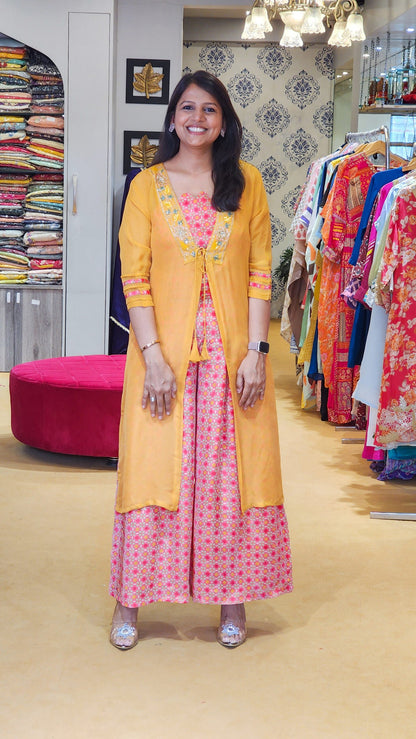 Mustard Colored Jacket, Printed Top and Pants