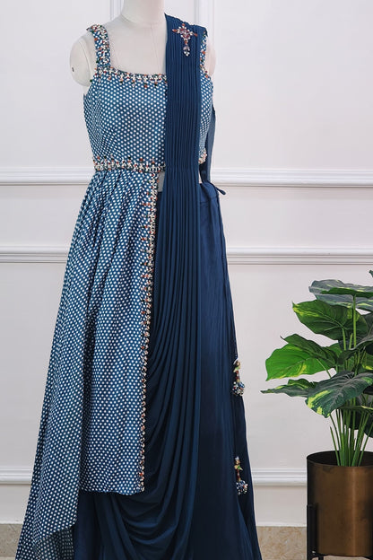 Teal Blue Printed Indowestern Set