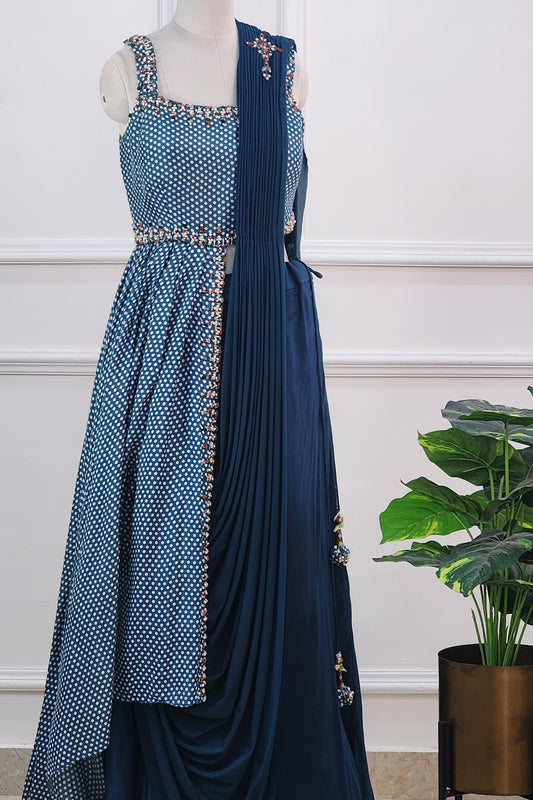 Teal Blue Printed Indowestern Set