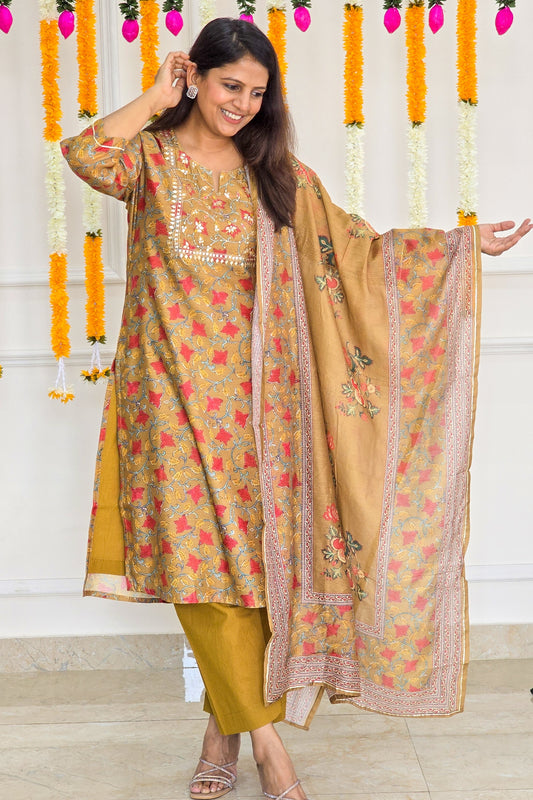 Mustard Yellow Kalamkari Chanderi suit set