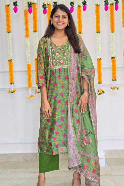 Green Kalamkari Chanderi suit set