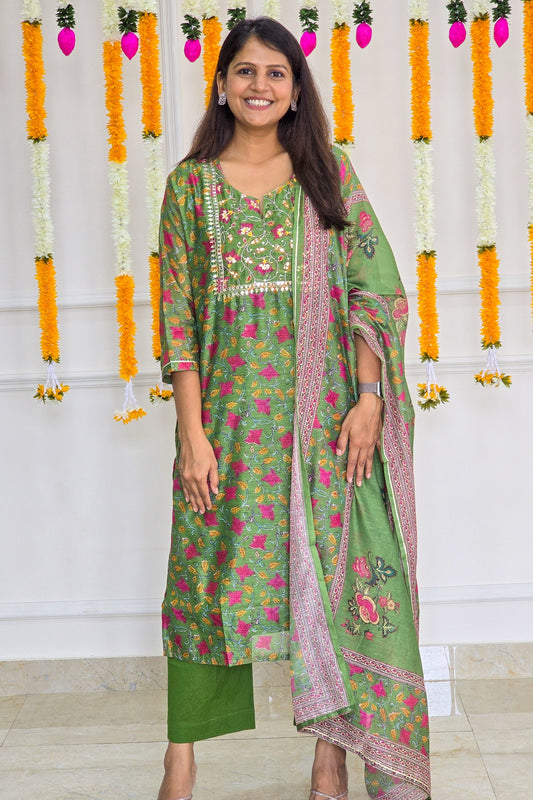 Green Kalamkari Chanderi suit set