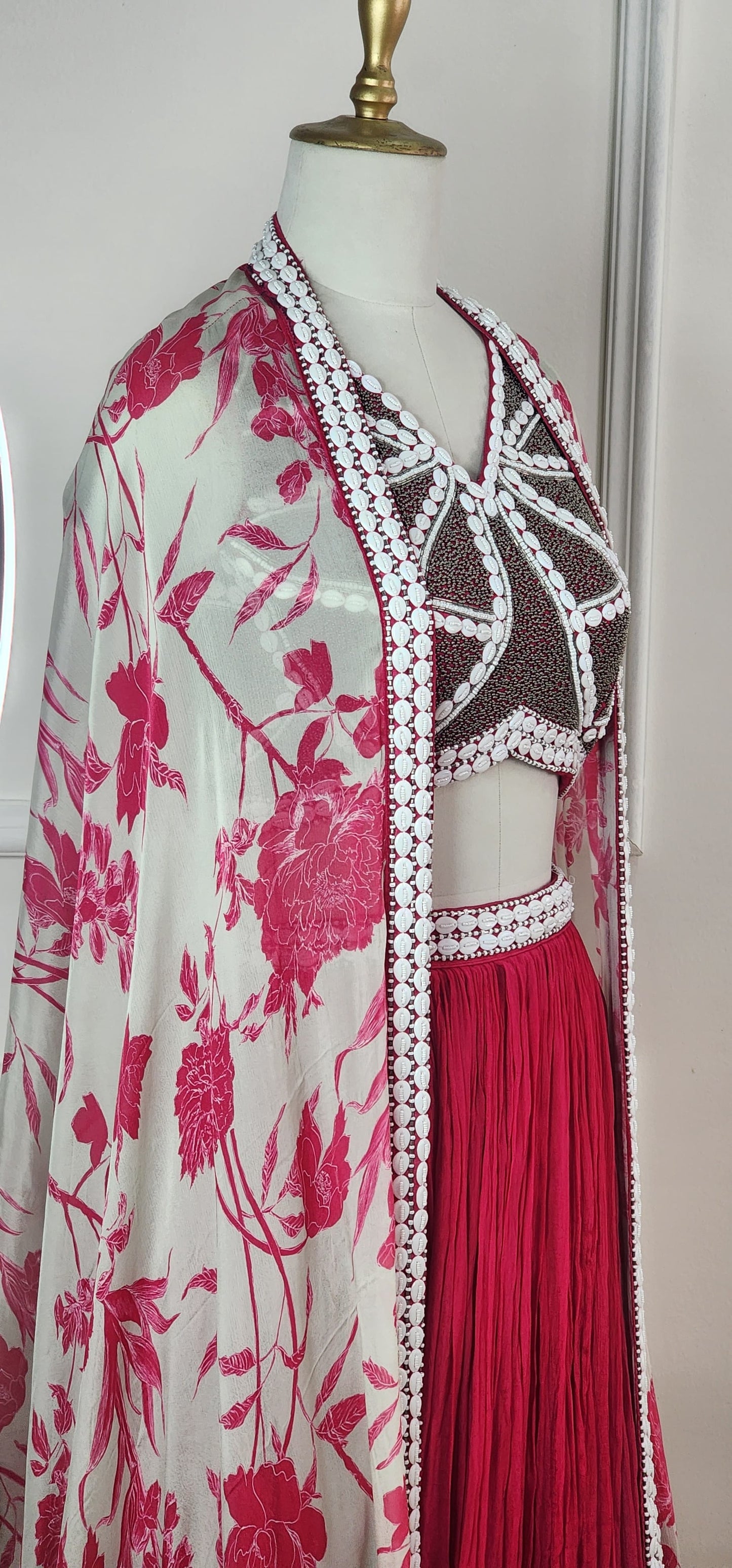 Pink Floral Dupatta, Top and Skirt
