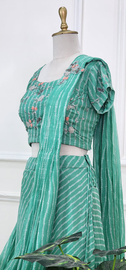 Green Bandhej Printed Lehenga Set