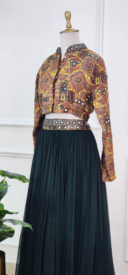 Green Ajrakh Mirror Crop Top and Lehenga