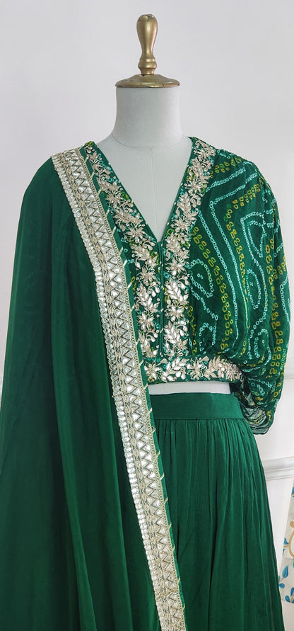 Green Bandhej Top and Lehenga Set - View 4 - PinkTree by Shrutika