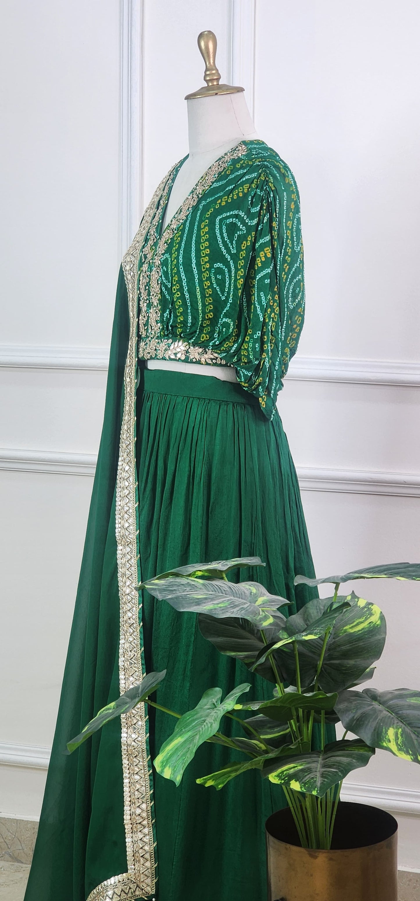 Green Bandhej Top and Lehenga Set - View 2 - PinkTree by Shrutika