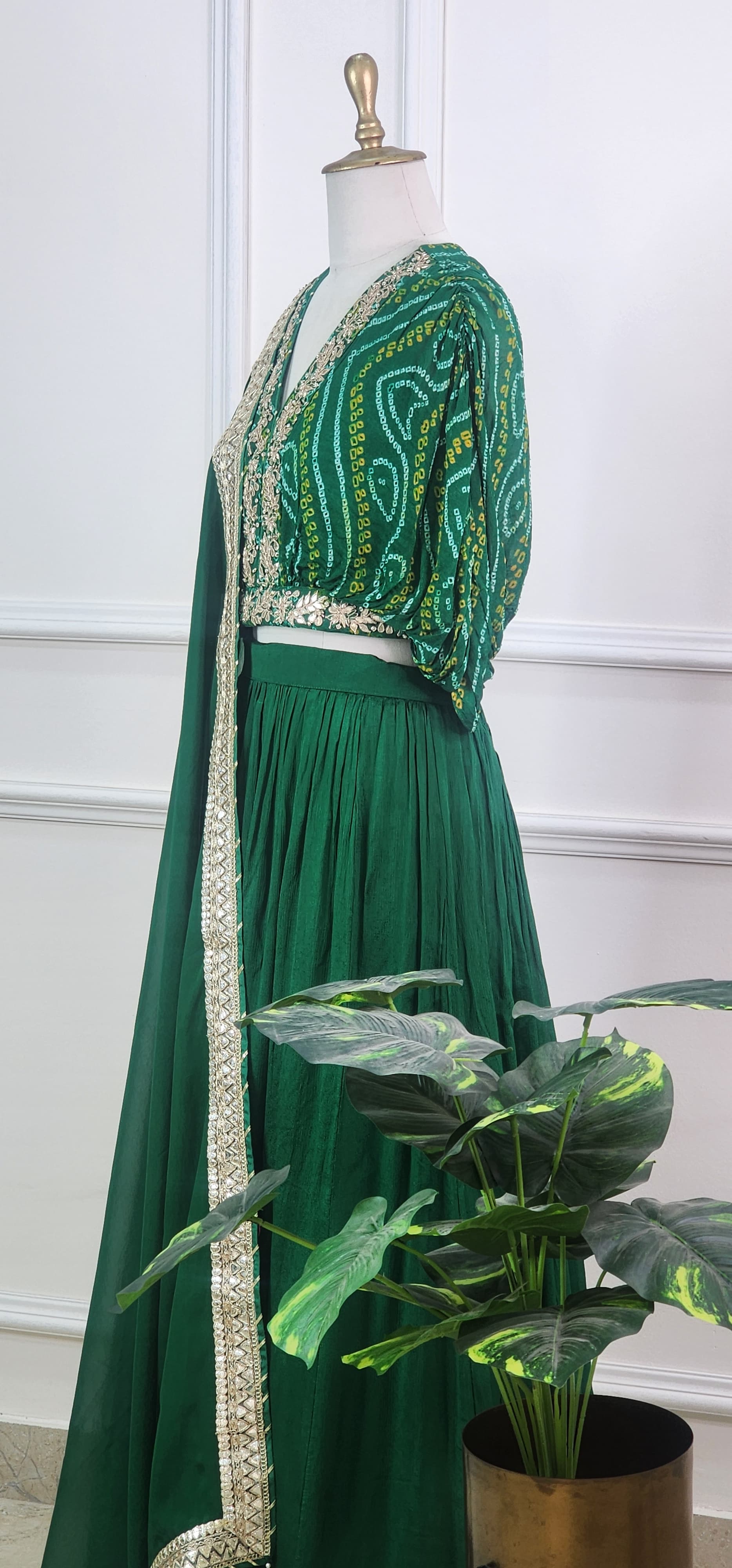 Green Bandhej Top and Lehenga Set - View 2 - PinkTree by Shrutika