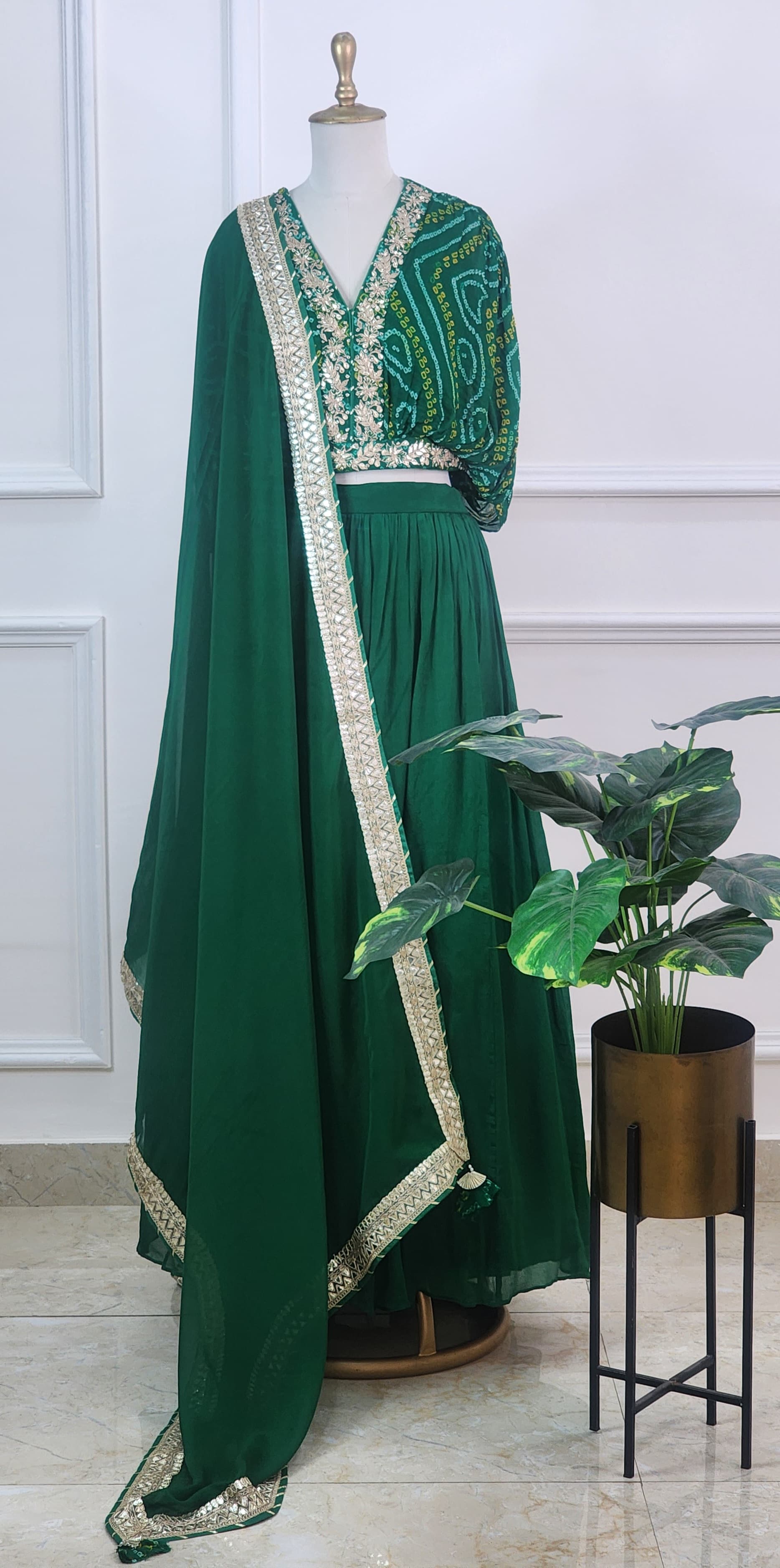 Green Bandhej Top and Lehenga Set - View 3 - PinkTree by Shrutika