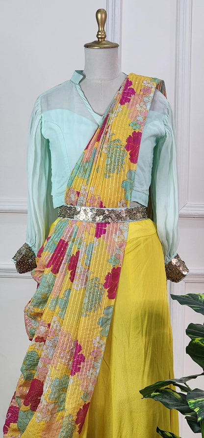 Blue and Yellow Floral Lehenga Set