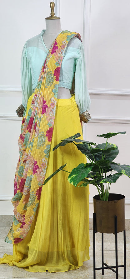Blue and Yellow Floral Lehenga Set
