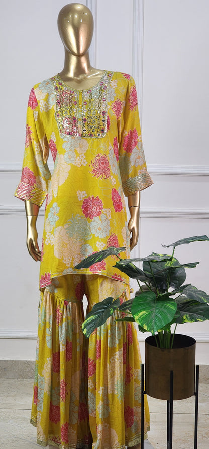 Yellow Floral Muslin Set