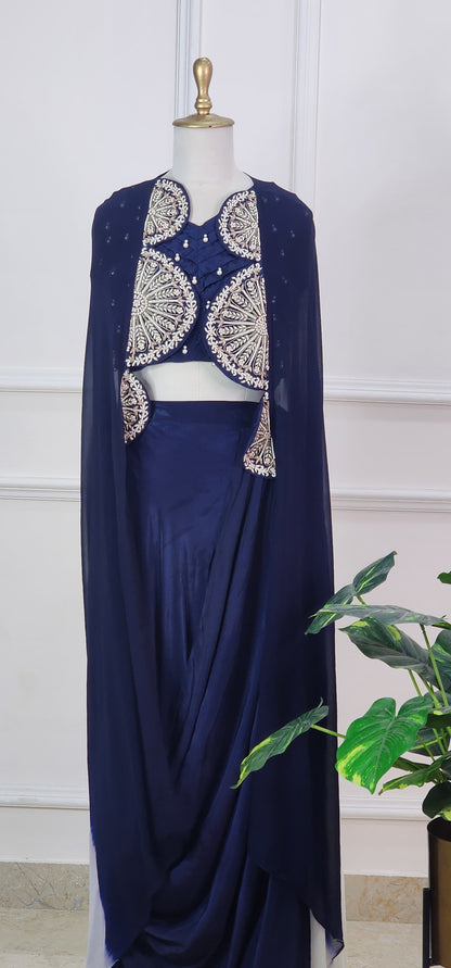 Navy Blue Shaded Cape with Top and Lehenga