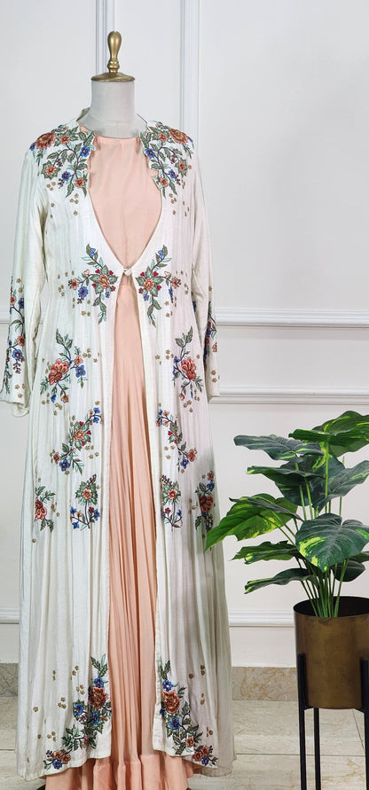 White and Peach Embroidered Indo-Western Set