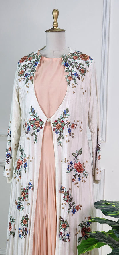 White and Peach Embroidered Indo-Western Set