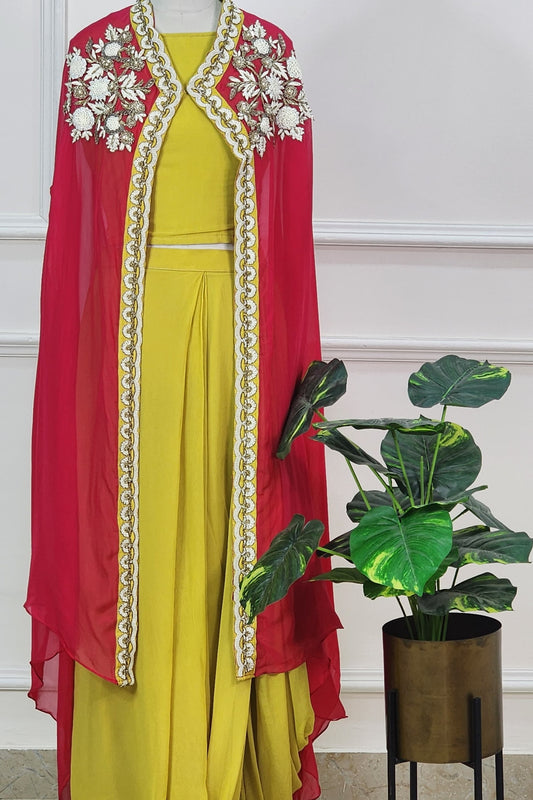 Cape Indowestern Set in Red and Mustard Yellow