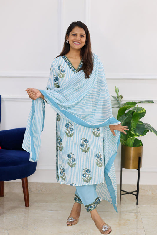 Blue Gulabo Block Print Kurta Set