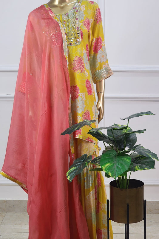 Yellow Floral Muslin Set