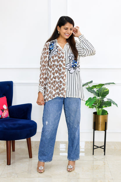 Stripe Heart Crepe Shirt
