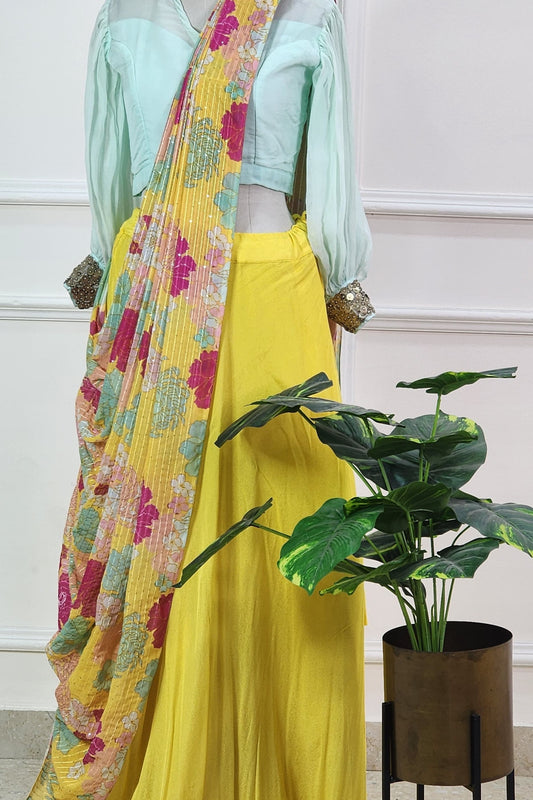 Blue and Yellow Floral Lehenga Set