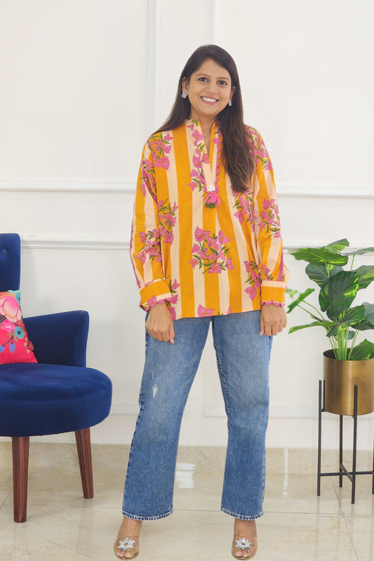 Orange Jaipuri block Shirts Top