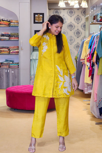 Yellow Flower Appliqué Top With Hand Work Details and Straight Pants