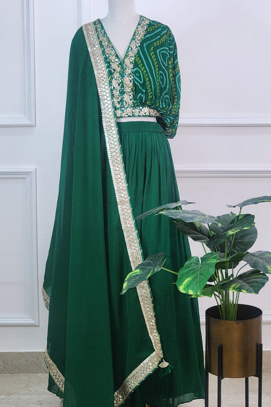 Green Bandhej Top and Lehenga Set