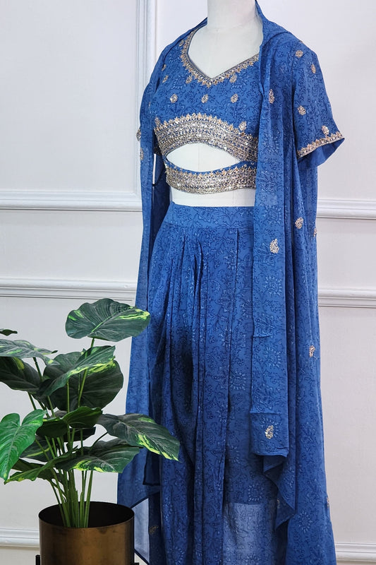 Blue Printed Indowestern Set